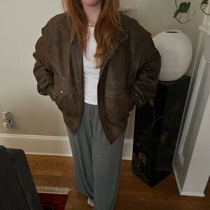 Vintage Brown Leather Bomber Jacket